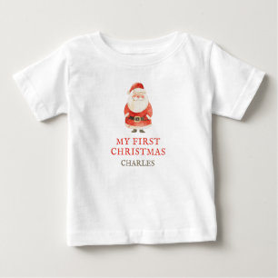 T-shirt Pour Bébé Aquarelle Santa Claus Mon premier Noël et mon nom