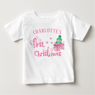 T-shirt Pour Bébé Baby First Christmas Pink Snowman and Snowflakes