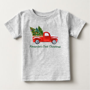 T-shirt Pour Bébé Baby First Christmas Red Truck Green Name Grey