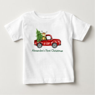T-shirt Pour Bébé Baby First Christmas Red Truck Tree Moose
