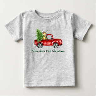 T-shirt Pour Bébé Baby First Christmas Red Truck Tree Moose Grey