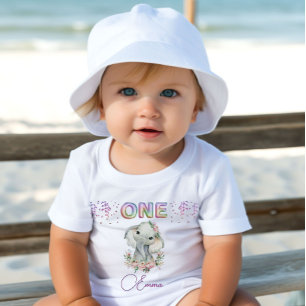 T-shirt Pour Bébé Baby Girl First Birthday Nom Elephant mignon One