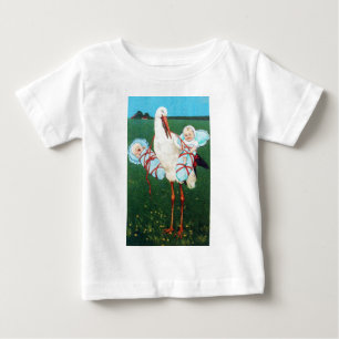 T-shirt Pour Bébé BABY SHOWER GARÇON STORK TWIN, Bleu Blanc