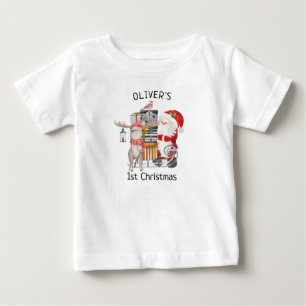 T-shirt Pour Bébé Bébé 1er Noël Père Noël et rennes avec Sleigh