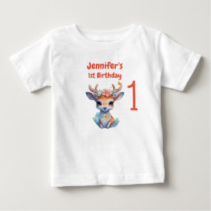 T-shirt Pour Bébé Bébé Cerf avec Antlers et Fleur 1er anniversaire