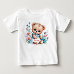 T-shirt Pour Bébé Bébé Ours en peluche avec des fleurs d'aquarelle