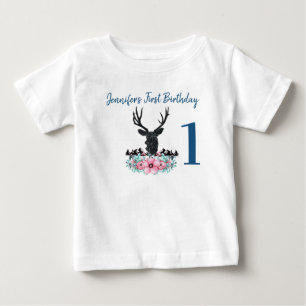 T-shirt Pour Bébé Black Deer Head Rose Fleurs & Montagnes Anniversai
