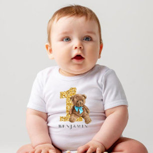 T-shirt Pour Bébé Bleu et or 1er anniversaire Teddy Bear