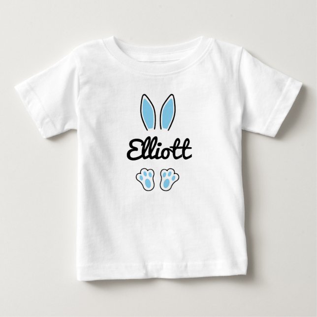 T-shirt Pour Bébé Blue Custom Name Ears Bunny de Pâques Pieds (Devant)