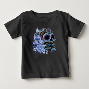 T-shirt Pour Bébé Blue Floral Black Sugar Skull Jour des morts
