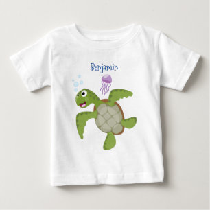 T-shirt Pour Bébé Caricature joyeuse de tortue de mer verte mignonne