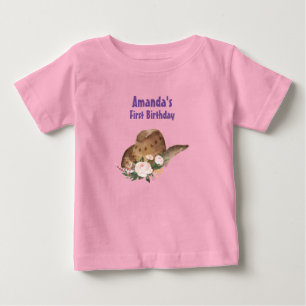 T-shirt Pour Bébé Chapeau de cowgirl marron avec fleurs roses Annive