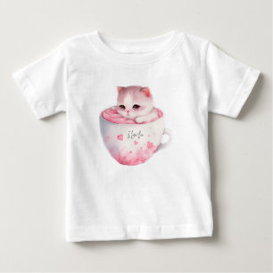 T-shirt Pour Bébé Chat blanc-rose mignonne dans une tasse de thé (3)