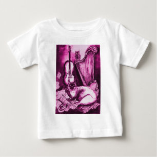 T-shirt Pour Bébé CHAT MUSICAL ET OWL rose Fuchsia violet blanc