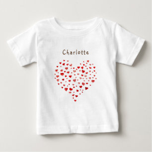 T-shirt Pour Bébé Coeurs d'aquarelle rouge mignonnes avec nom