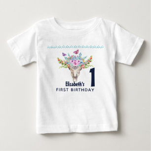 T-shirt Pour Bébé Crâne Boho avec papillons et fleurs Anniversaire