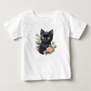 T-shirt Pour Bébé Cute Black Chat Floral Whimsical