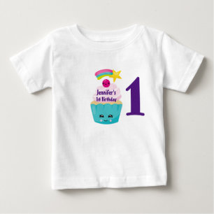 T-shirt Pour Bébé Cute Blue Cupcake avec Kawaii Face 1er anniversair