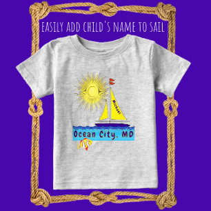 T-shirt Pour Bébé Cute Ocean City Sailboat Sun et poisson avec nom