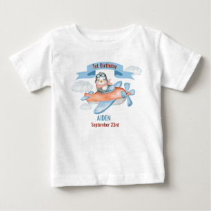 T-shirt Pour Bébé Cute Penguin Avion Bleu 1er anniversaire