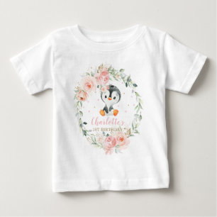 T-shirt Pour Bébé Cute Penguin Blush Floral 1er Anniversaire