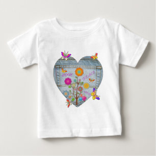 T-shirt Pour Bébé Denim Pocket Fleurs cardiaques Papillons