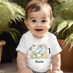 T-shirt Pour Bébé Dinosaur Boy Blue Green Nom 1er anniversaire