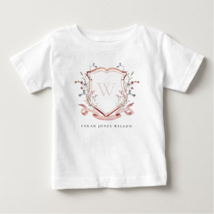 T-shirt Pour Bébé Élégant Fleur sauvage rose Aquarelle Crest Monogra