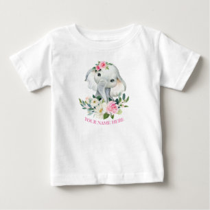 T-shirt Pour Bébé Éléphant Mignon et Floral Rose Pâle pour 1er anniv