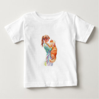 T-shirt Pour Bébé Femme tenant un chat Maine Coon orange duveteux