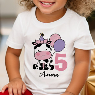 T-shirt Pour Bébé Fille 5e Anniversaire Vache Ballons Personnalisé