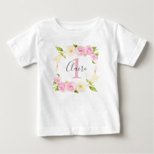 T-shirt Pour Bébé Fille rose gerbe florale Premier anniversaire