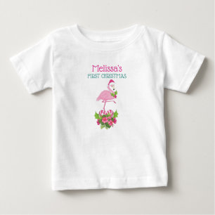 T-shirt Pour Bébé Flamant rose rose à Santa Hat 1er Noël