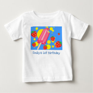 T-shirt Pour Bébé Fun Popsicle rose et fraises 1er anniversaire