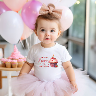 T-shirt Pour Bébé Gâteau Cupcake Rose Rouge Fraise Berry 1er Anniver