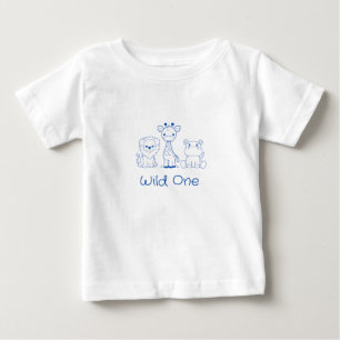 T-shirt Pour Bébé Girafe, Lion, Hippopotame "Wild One" Contour Bleu