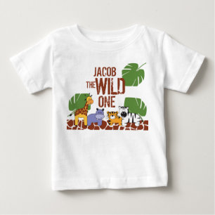 T-shirt Pour Bébé Green Brown Name Safari WILD ONE 1er Birthday
