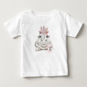 T-SHIRT POUR BÉBÉ HIPPO ADORABLE AVEC PIÈCES ROSES ET TONNES