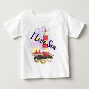 T-shirt Pour Bébé J'aime la mer avec un phare et un coquillage