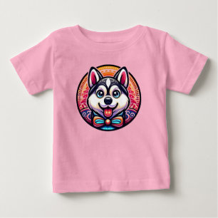 T-shirt Pour Bébé Joli Husky Illustré dans le Style Mandala