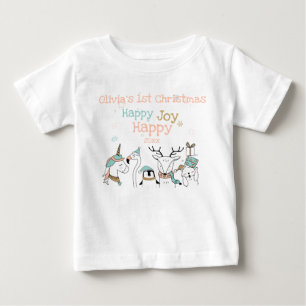 T-shirt Pour Bébé Joyeux Joyeux Joy Cute Animals 1er Noël du bébé