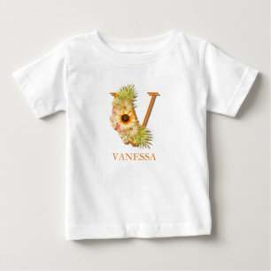 T-shirt Pour Bébé Lettre V Monogramme floral de tournesol avec nom