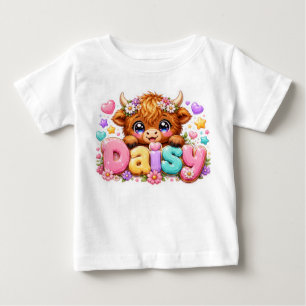 T-shirt Pour Bébé Mignon Kawaii Daisy Highland Cow Nom Rose Pastel F