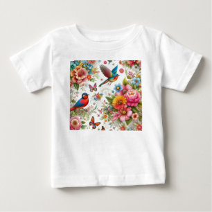 T-shirt Pour Bébé Modèle de fleurs colorées papillons oiseaux