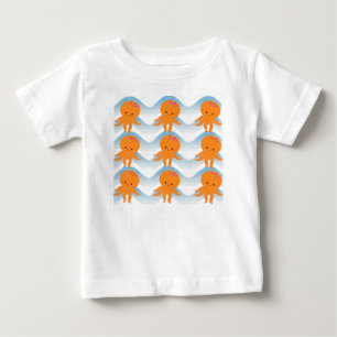 T-shirt Pour Bébé Motif Octopus Orange Et Vagues Bleues