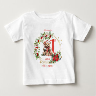 T-shirt Pour Bébé Ours Poinsettia Foliage Baby's First Christmas