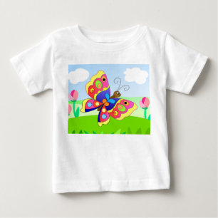 T-shirt Pour Bébé papillon de dessin animé sur un champ fleuri