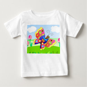 T-shirt Pour Bébé papillon de dessin animé sur un champ fleuri