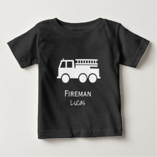 T-shirt Pour Bébé Petit Camion-feu Garçon avec nom Noir et Blanc