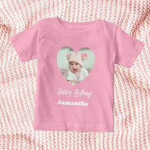 T-shirt Pour Bébé Photo cœur nom anniversaire fille rose